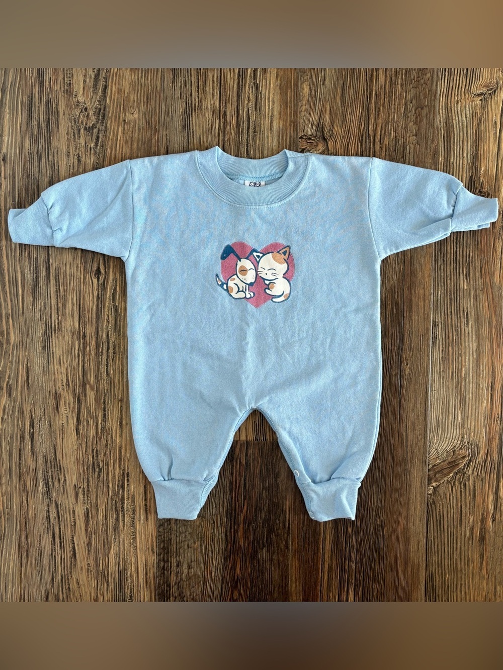Vtg Kiddy Kats L/S Baby Romper 6 Mos Blue Dog Cat Heart Made in USA Cottage 90s